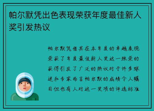 帕尔默凭出色表现荣获年度最佳新人奖引发热议